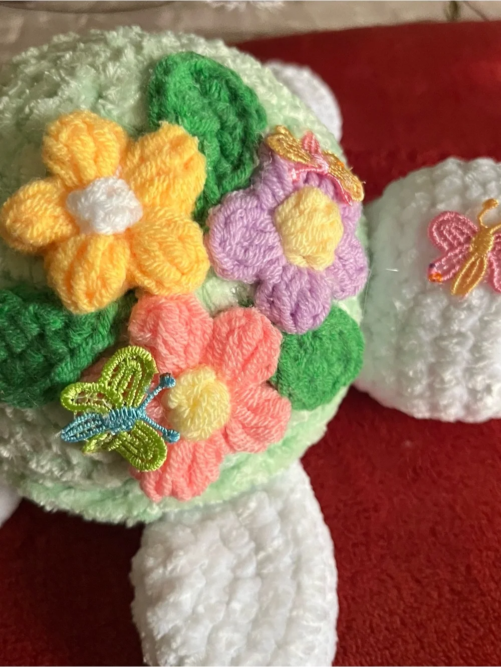 Handmade crochet Plush Turtle Green Shell and Floral Appliqués 9”x8” NWOT